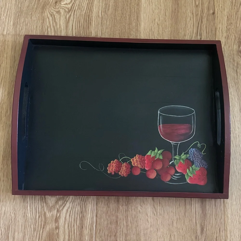 Vintage Hand Painted Chalkboard Serving Tray Wine Glass & Fruit Design